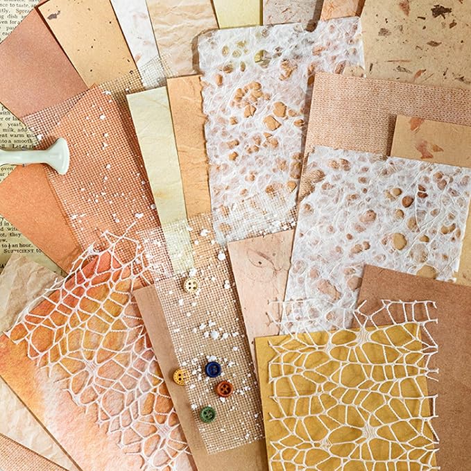 42 Sheets Textured Scrapbook Paper and Mesh Fabric Assorted Set, Junk Journal Supplies Assorted Set, Special Paper for Scrapbooking Materials Card Embellishments 3.9x5.5 Inch (Brown)