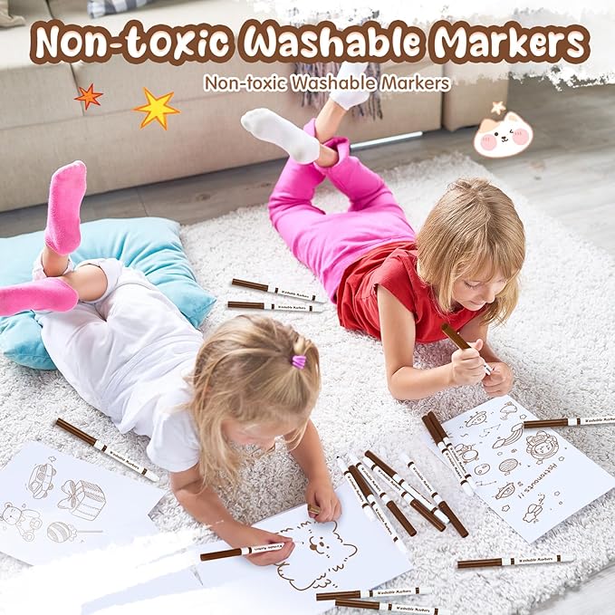 18 Pcs Line Washable Markers Bulk Brown Fine Tip Markers Set Coloring Thin Tip Drawing Washable Pen for Kids Toddler Teacher Art School Classroom Back to School Gender Reveal Party Supplies,Ages 6+