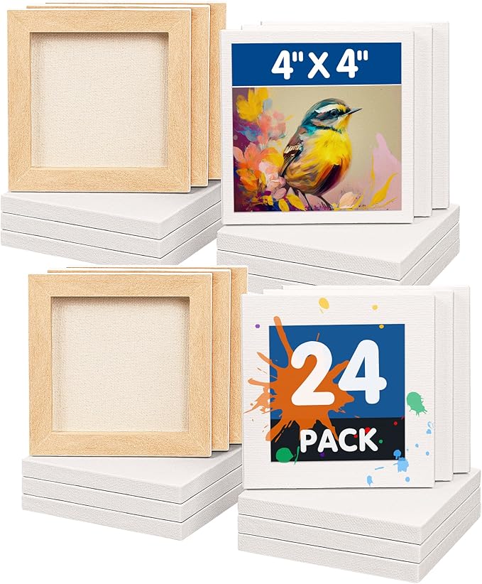 FIXSMITH Mini Stretched Canvas for Painting - 24 Pack 4 x 4 Inch, 2/5” Profile Small Square Canvases, 100% Cotton Blank Canvas, Home Decor Project, Art Supplies for Acrylic Oil Painting