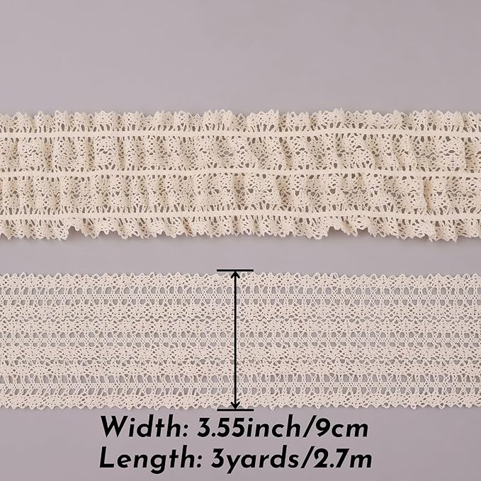Beige Ruffle Lace Trim 3.55''x3yds Gathered Elastic Lace Ribbon for Sewing Crafts, Apparel Home Decor