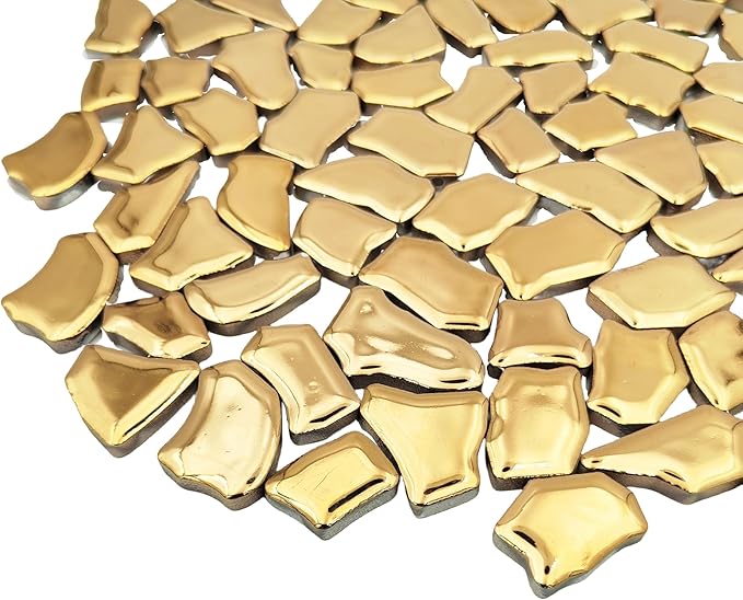 0.78"-1.57" Irregular Ceramics Mosaic Tiles,1.1LB Mosaic Pieces Stones for Home Decoration DIY Craft Plates Flowerpots Vases Cups Mosaic Making Supplies (Gold)