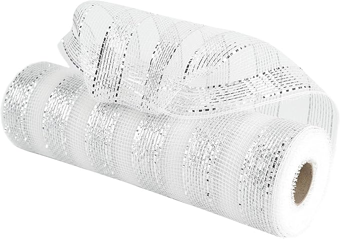 MEEDEE Silver Mesh Ribbon 10 Inch Deluxe Wide Foil Metallic Striped Deco Mesh Decorative Mesh Christmas Mesh Ribbon for Wreaths, Christmas Tree, Garland, Gift Wrapping, Bows Making (30 Feet)