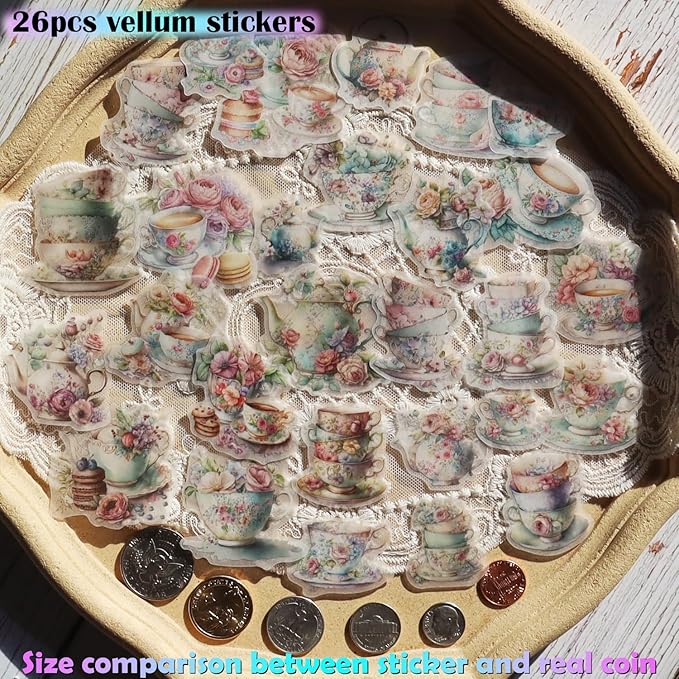 Vintage Vellum Stickers Floral Plants Elements Scrapbooking Supplies Flowers Botanic Natural Translucent Paper Self-Adhesive Junk-Journal Items (Tea Cup)