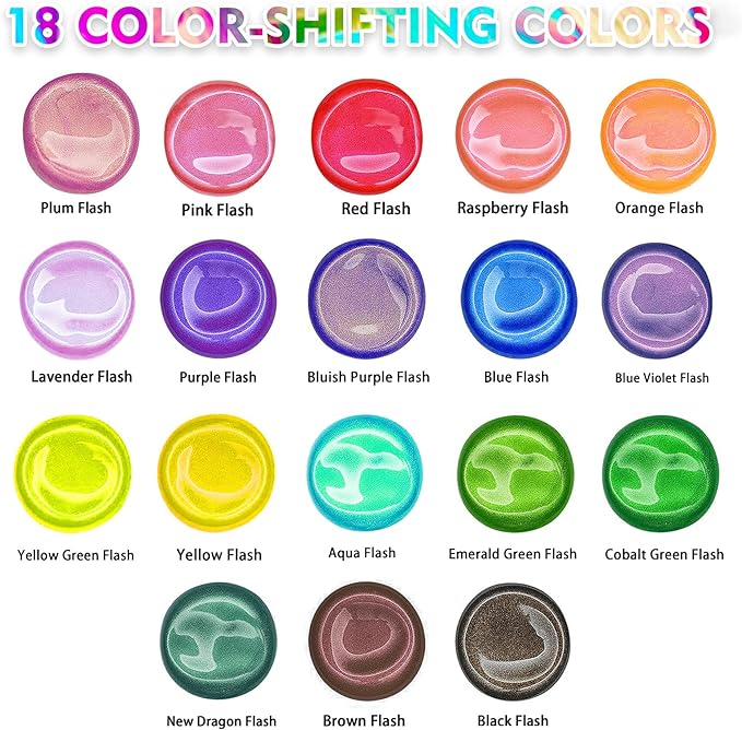 ABEIER Iridescent Acrylic Paint, Set of 18 Chameleon Colors, 2 oz/60ml Bottles, Color-shifting, Non-Toxic, High Viscosity, Blendable, Paints on Rocks Crafts Canvas Wood, Fabric, Ceramic & Stone