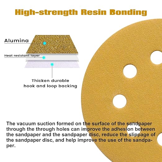 100PCS 5 Inch 8 Hole Sanding Discs 150 Grit,Gold Round Hook and Loop Sandpaper for Random Orbital Sander