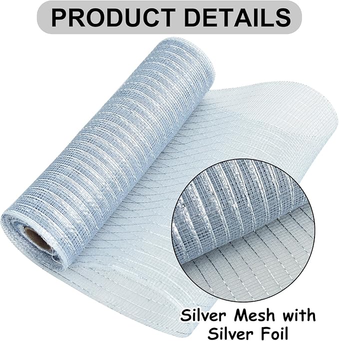 TONIFUL 2 Rolls 10 Inch Silver Decorative Mesh Ribbbon Rolls, Fabric Mesh with Foil for Wreath Supplies, Front Door Wreath Crafts Tree Decor Christmas NewYears Halloween Decoration (10 yds/roll)
