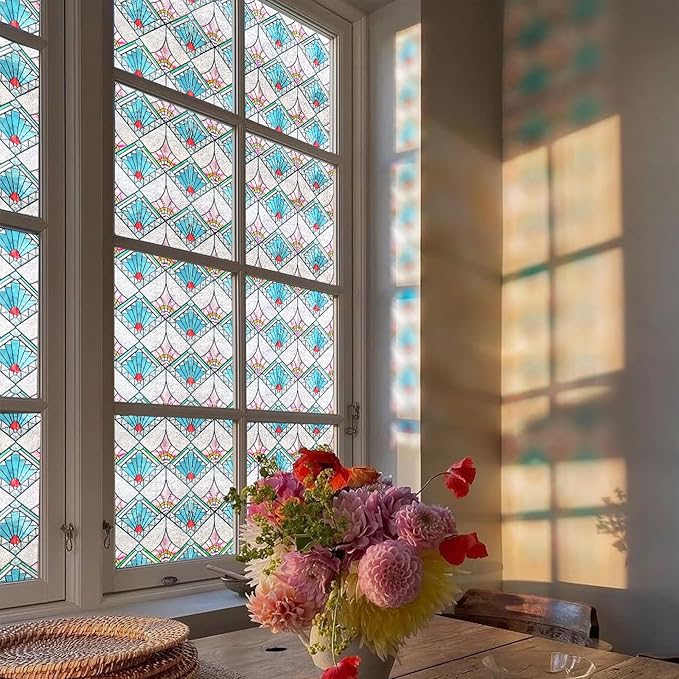 3D Stained Glass Window Film, Decorative Window Privacy Film for Bathroom,Front Door,Home, Sun Blocking Heat Control,Static Cling,23.6inch x 35.4inch Refractive Narrative