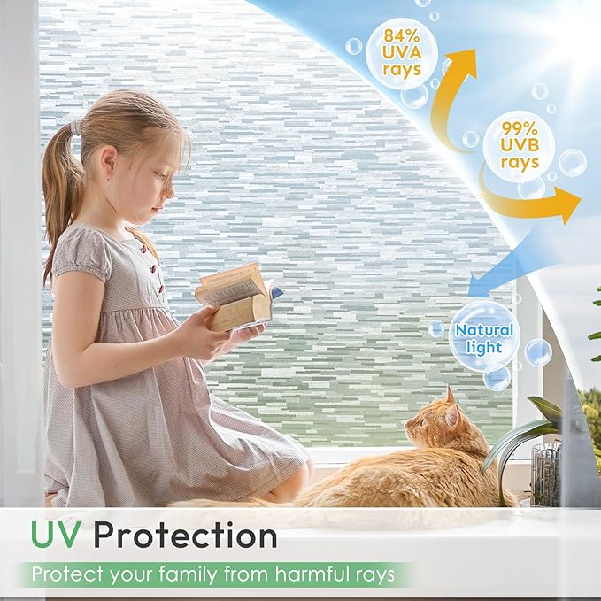 Homein Window Privacy Film, Frosted Glass Window Film Decorative, Non Adhesive Glass Clings, UV Blocking Static Cling Front Door Coverings, Removable Privacy Sticker for Home, 23.6 x 78.7 inches