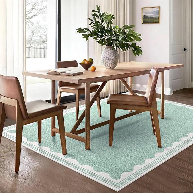 Scalloped Washable Rugs for Living Room, Solid Green 6x9 Area Rugs for Bedroom Girls, Non Slip Scalloped Rug with Rubber Back, Soft Dorm Nursery 6x9 Rugs for Dining Room
