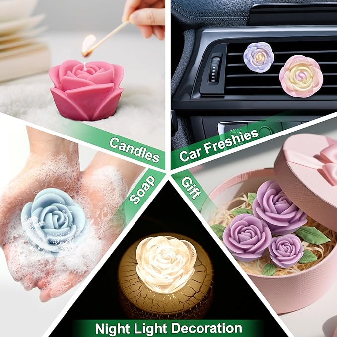 Rose Candle Molds, 4 Pcs Set of Large + Medium + Small 3D Rose Flower Silicone Molds with Leaf Mold for Candle Making, Epoxy Resin Casting, Wax Soap Clay Plaster Home Décor Handmade Gift