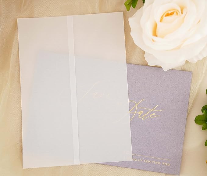 Puremigo 30 Pack Luxury Pre-Folded Vellum Jackets for 5x7 Invitations - Vellum Paper 5x7 Jackets - 115GSM Vellum Wedding Invitations Wraps - Transparent Wedding Invitations Jacket