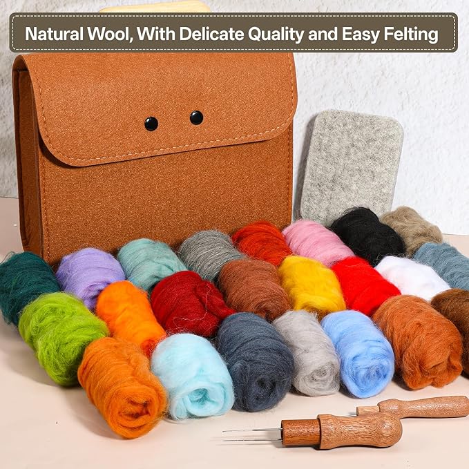 Prasacco 62 Pcs Needle Felting Kit, Felting Kits for Beginners Adult Including 24 Colors Wool Roving, Felt Needles, Felt Pad, Needle Handle, Finger Bed, Keychain, Fake Eyes, Storage Bag, Instruction