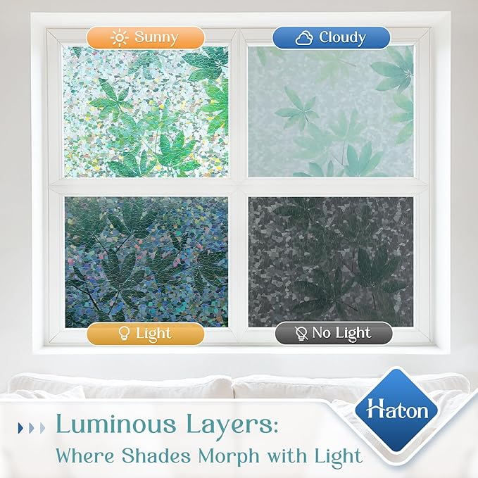 Haton Window Privacy Film, Decorative Stained Glass Window Clings, 3D UV Sun Blocking Sticker, Removable Static Cling Heat Control Tint for Home Door, Leaf Rainbow, 35.4" x 78.7" Non-Adhesive