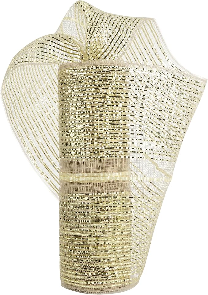MEEDEE Champagne Deco Mesh 10 Inch Deluxe Wide Foil Metallic Pull Up Mesh Champagne Gold Mesh Ribbon for Christmas Tree, Wreaths, Garland, Gift Wrapping, Bows Making (30 Feet)
