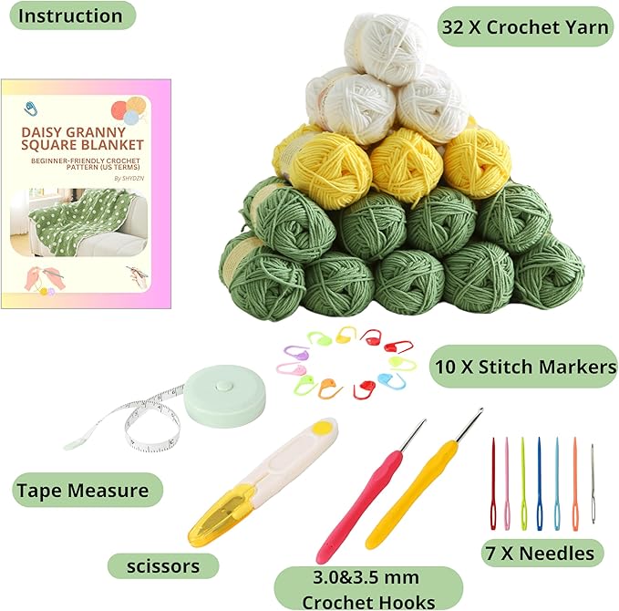 CSWCS Crochet Blanket Kit for Beginners, Daisy Granny Square Throw Kit for Adults, Easy Learn How to Knitting with Yarn & Hook, Complete Starter Set with Step-by-Step Instructions (47" x 39")