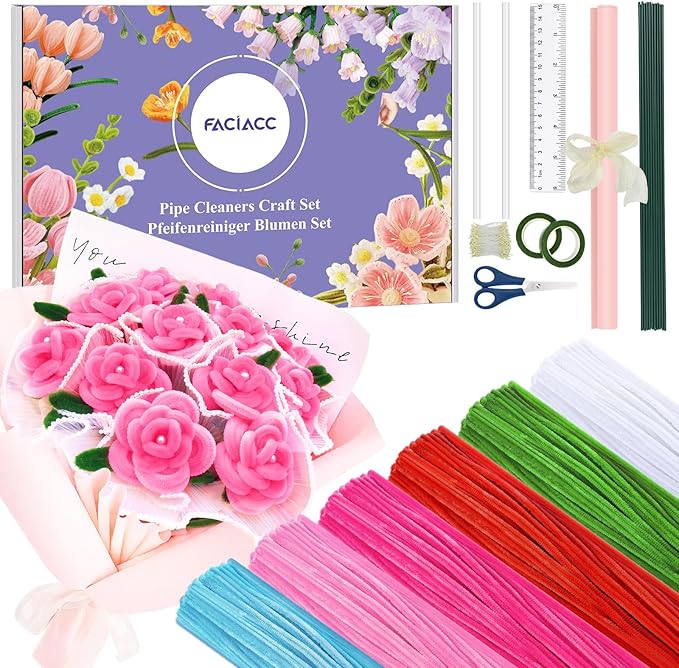 FACIACC 600PCS Pipe Cleaners Craft, 6 Assorted Colors Chenille Stems for DIY Bouquet Christmas Gift Party Decor (Red)