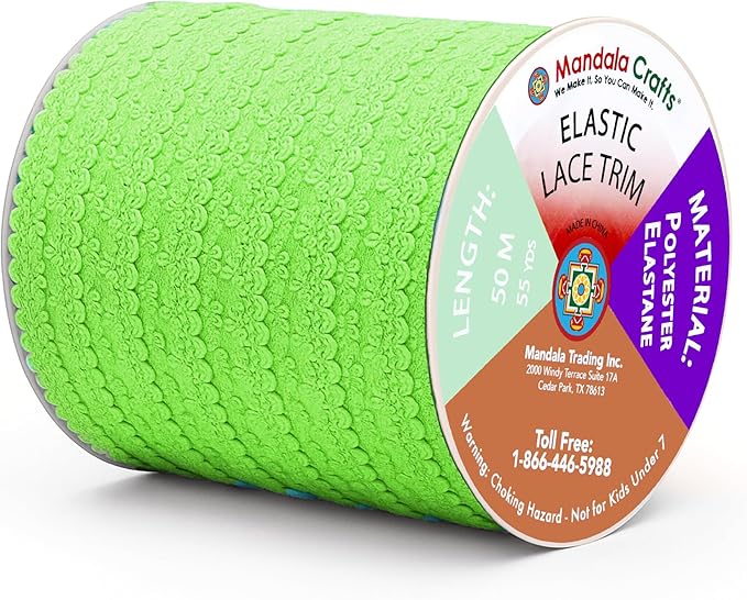 Mandala Crafts Lime Green Stretch Lace Soft Elastic Trim Roll - 55 Yards 1 Inch Wide Stretchy Frilly Picot Ribbon for Sewing Lingerie, Headbands, Underwear, and Crafts