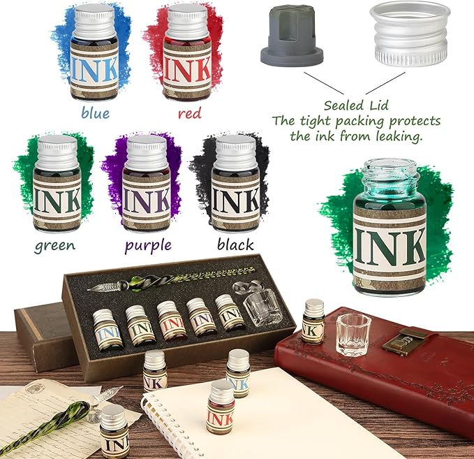 Mancola Glass Dipped Crystal Calligraphy Pen Set with 5 Colorful India Ink, 1 Pen Holder, 1 Cleaning Cup, Ink Drip Tool, Signatures, Drawing, Decoration Kits for Beginners