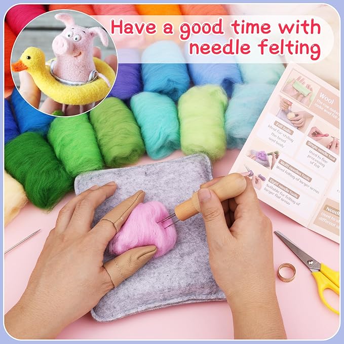 Mayboos Needle Felting Kit, 42 Colors Wool Roving Set, Needle Felting Kit with Felting Tool and Foam Mat Needle Felting Supplies for Home Decoration Felted