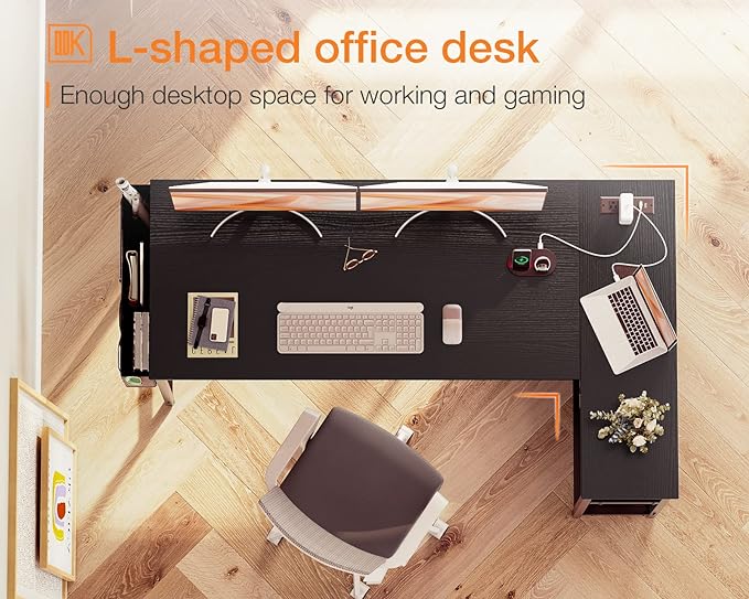 ODK 55 Inch Small L Shaped Computer Desk with Power Outlets, Corner Desk with PC Stand & Reversible Storage Shelves for Small Space Home Office Workstation, Modern Simple Writing Study Table, Black