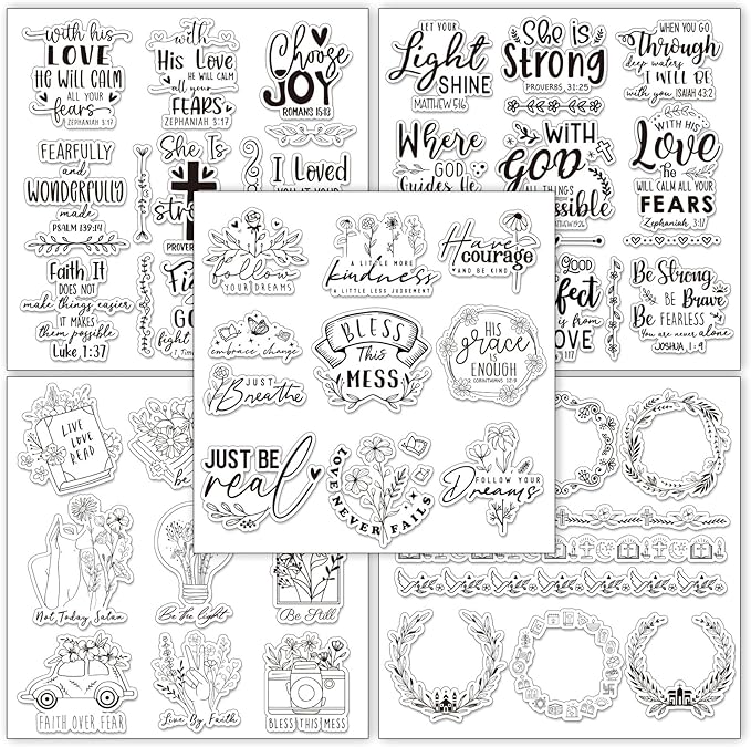 Whaline 5 Sheets Bible Verse Clear Stamps Christian Jesus Silicone Transparent Stamps Greeting Words Border Stamp Cards for DIY Card Making Scrapbooking Embossing Album Decor