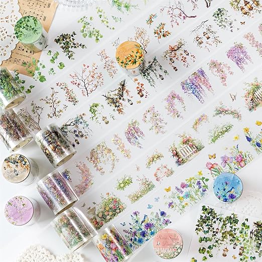 6 Rolls PET Tape Stickers,Plant Washi Tape for Scrapbooking, Pre-Cut Flower Tapes Stickers for Junk Journal,Journaling,Photo Album DIY Craft(Wild Flower)