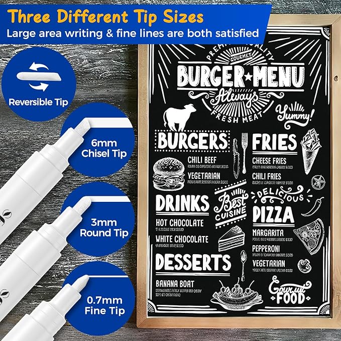 SFAIH 8 White Chalk Markers for Blackboard - [1s Wet Wipe] No Residue, Liquid Chalk Markers for Blackboard, Menu, Bistro, Signs, Windows, Glass, Food Labels, 6mm & 1mm Tip, Dust-Free, Non Toxic