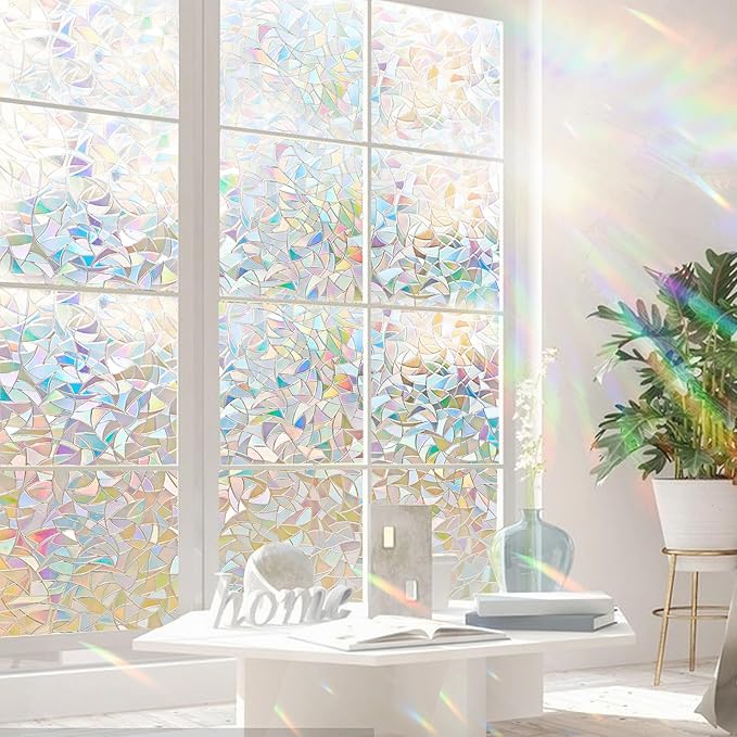 Beautyhero Window Privacy Film, Rainbow Reeded Glass Cling, 3D Decorative Coverings with UV Blocking, Static Cling for Bathroom Doors Cabinet
