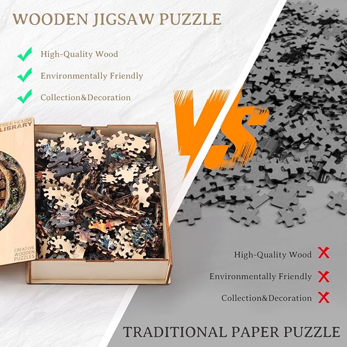 KAAYEE Wooden Puzzles for Adults, 3D Visual Effect Tree House Library Wooden Jigsaw Puzzle Unique Shape Wood Puzzle Adult, 3D Effect Flat Puzzle Birthday Family Games (L-13.4 * 13.4 in-295pcs)
