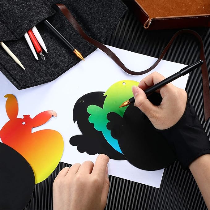 Scratch Painting Art Tool, 9 Pieces Scratching Drawing Tool Set, Including Artist Glove, Tool Bag, Scratch Coloring Pens, Plastic and Wooden Stylus, Scraper, Clean Brush