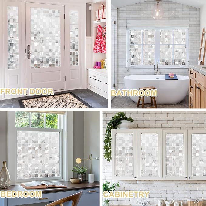 Window Privacy Film Decorative for Front Door, Bathroom Static Cling Stained Glass Sticker Opaque Heat Control UV Blocking Non-Adhesive for Home Windows,Cube