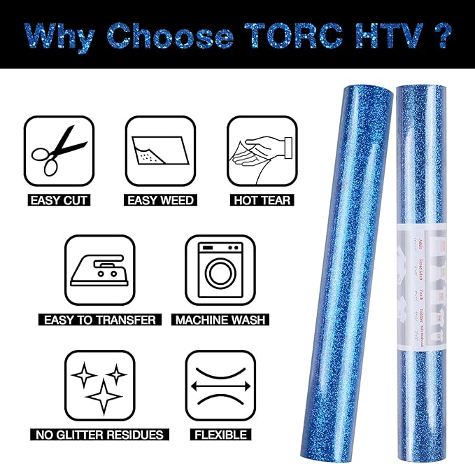 TORC Royal Blue Glitter HTV Heat Transfer Vinyl Roll 12 inch x 10 ft Iron on Vinyl for T Shirts Crafts