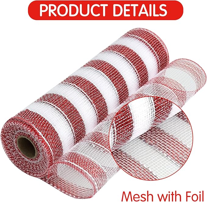 TONIFUL 4 Rolls 10 Inch Red and White Decorative Mesh Ribbbon Rolls, for Wreath Supplies Front Door Craft Tree Decor Christmas NewYears Valentine's Day Halloween Decoration (30ft/roll, 120ft/Set)