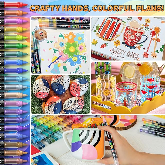 Overseas Acrylic Paint Markers 168 Colors, Brush Tip Paint Pens with Automatic Ink Control System, Quick Drying Liquid Ink Acrylic Marker for Rock, Wood, Canvas, Glass, Fabric, Metal, Plastic, Rubber