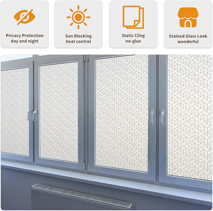 DKTIE Geometric Art Stained Glass Window Film Bathroom Window Privacy Film Frosted Glass Static Clings Non Adhesive with Installation Tools, Modern Home Improvement Style (S120, 17.7'' x 78.7'')