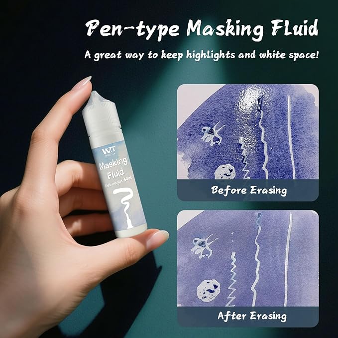 Masking Fluid for Watercolor Painting - 120ml White with a Paintbrush and Eraser - Art Masking Fluid Pen Watercolor Medium Art Supplies for Artists