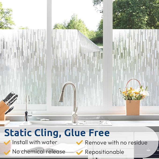 rabbitgoo Window Privacy Film, No Glue Frosted Glass Film, Static Cling UV Blocking Non Adhesive Reusable Heat Control Window Vinyl Clings for Home, Office, Frosted Silk, 17.5 x 78.7 Inches