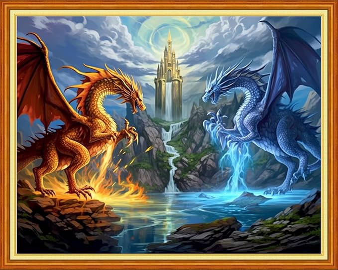 Foxhool Beginners Cross Stitch Kits Stamped Full Range of Embroidery Kits for Adults DIY Cross Stitches kit Embroidery Patterns for Needlepoint kit-Water Fire Dragon 16x20 inch