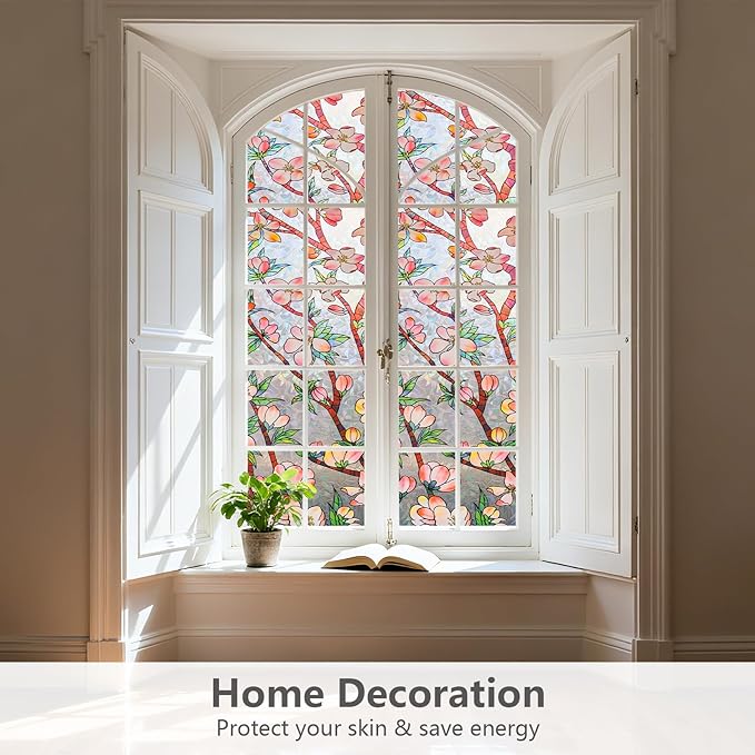 NINETREX Window Privacy Film,3D Stained Glass Window Film,Rainbow Static Cling Stickers Blocks Heat & UV,Non-Adhesive Vinyl for Home Door (Peach Blossom,17.5 x 157.4inch)