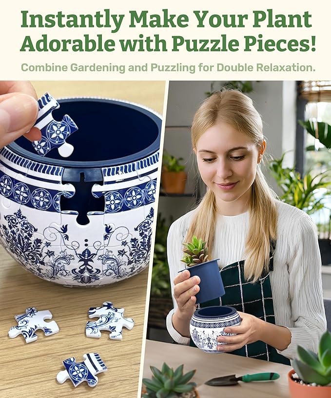 PieceRelax 3D Puzzle Planter - Classic Ornamental Style - Small Round Plant Pots with Drainage, Home Decor Flower Pots for Indoor Cactus, Succulents Pots [K1103]