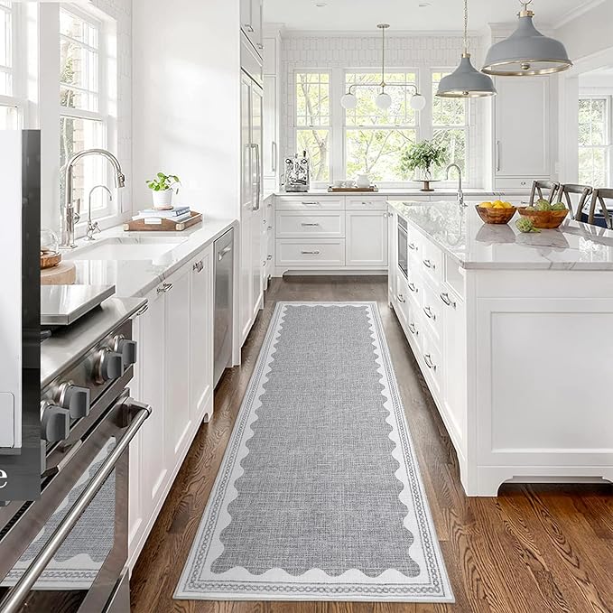 Scalloped Rug 2x6 Runners for Hallways, Solid Grey Runner Rugs Non Slip Scalloped Bath Runner, Washable Rug for Bedroom Girls, Mat for Kitchen Floor Soft Dorm Nursery Carpet for Bedside