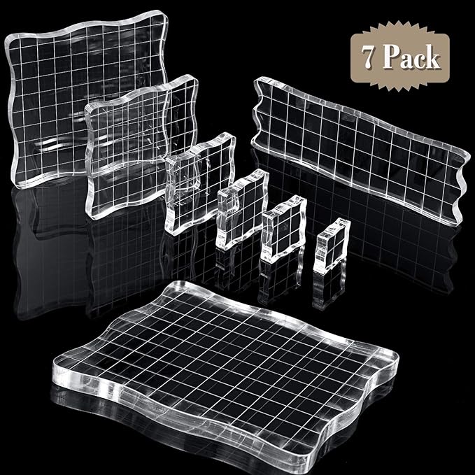 Mudder 7 Pieces Acrylic Stamp Blocks Set Clear Stamping Blocks Tools for Kids with Grid and Grip Scrapbooking Craft Making, Decorative DIY Essential Stamping Tool(Lace Edge)