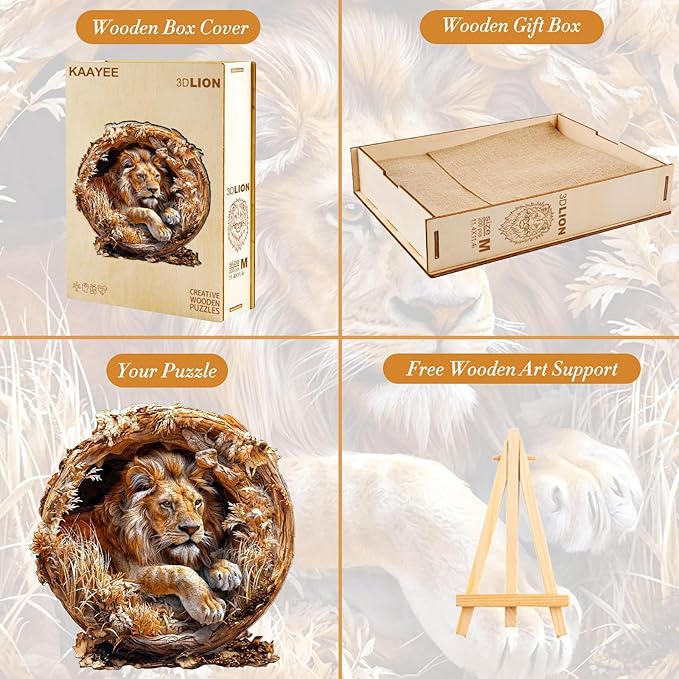 KAAYEE Wooden Puzzles for Adults, 3D Vision Effect Lion King Wooden Jigsaw Puzzles 200 PCS Unique Shape Wood Puzzle Adult, Birthday Father Mother Gifts for Puzzle Lover Family Game (M-11.4 * 11.4in)