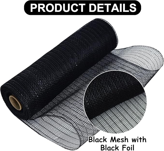 TONIFUL 2 Rolls 10 Inch Black Decorative Mesh Ribbbon Rolls, Fabric Mesh with Foil for Wreath Supplies, Front Door Wreath Crafts Tree Decor Christmas NewYears Halloween Decoration (10 yds/roll)