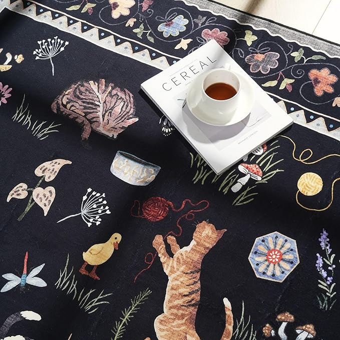 Rugcomf Bedroom Rug 3x5 Rug Washable Area Rug Non Slip Low Pile Boho Floral Animal Cat Small Carpet for Bedroom Bedside Kitchen Entryway Kids Room Office College Dorm Essentials for Girls, Black