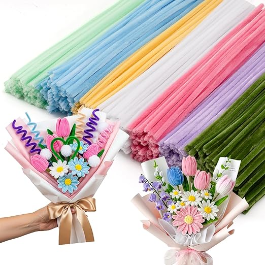 Caydo 500 Pieces Pipe Cleaners Flower Set, Chenille Stems, Pipe Cleaner Craft Supplies Bulk Fluffy Fuzzy Sticks for DIY Art Projects Creative Gift Party Decorations (Macaron)