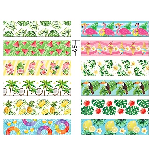 Summer Washi Tape 12 Rolls Aloha Masking Tape Hawaiian Theme Decorative Paper Stickers Flamingo Lemon Watermelon Tape Sticker,for DIY Crafts and Scrapbooking