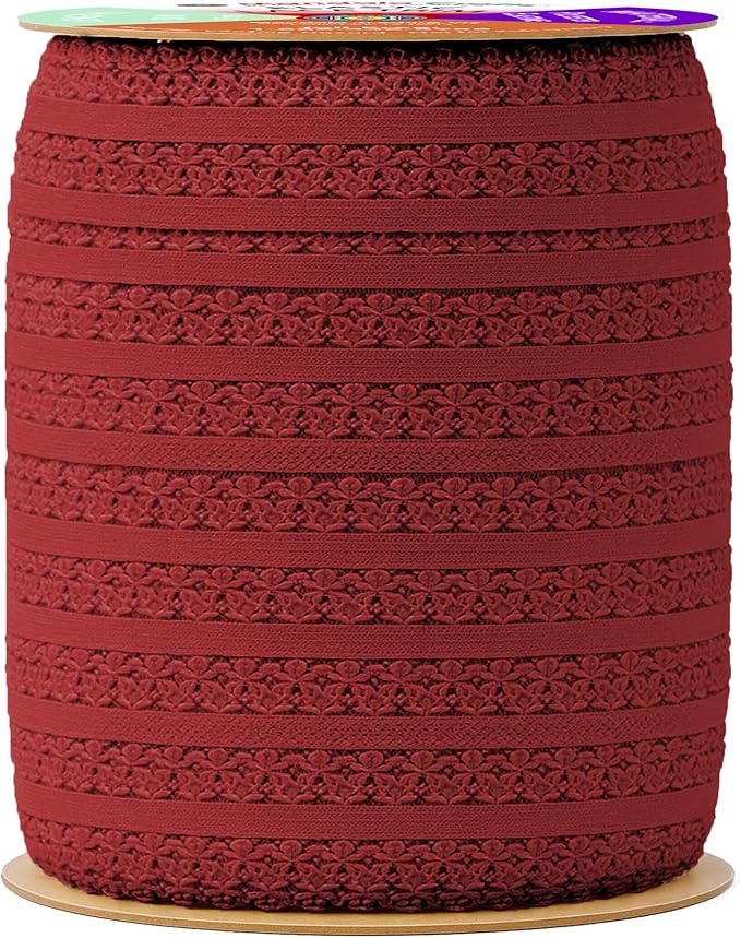 Mandala Crafts Burgundy Stretch Lace Soft Elastic Trim Roll - 55 Yards 1 Inch Wide Stretchy Frilly Picot Ribbon for Sewing Lingerie, Headbands, Underwear, and Crafts