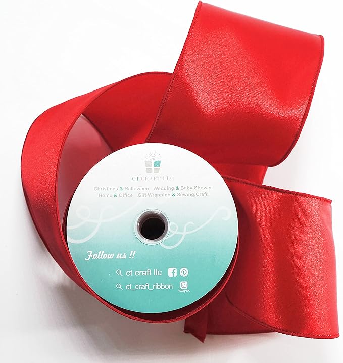 CT CRAFT LLC Satin Wired Ribbon 4 Inch x 20 Yards Red for Christmas Home Décor Gift Wrapping Tree Topper Bow Wreath DIY Crafts,