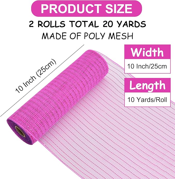 TONIFUL 2 Rolls 10 Inch Hotpink Decorative Mesh Ribbbon Rolls, Fabric Mesh with Foil for Wreath Supplies, Front Door Wreath Crafts Tree Decor Christmas NewYears Halloween Decoration (10 yds/roll)